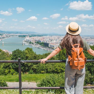 Young,Stylish,Woman,Looking,At,Panoramic,View,Of,Budapest,City.